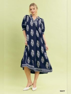 Umgee Border Print Collared Midi Dress